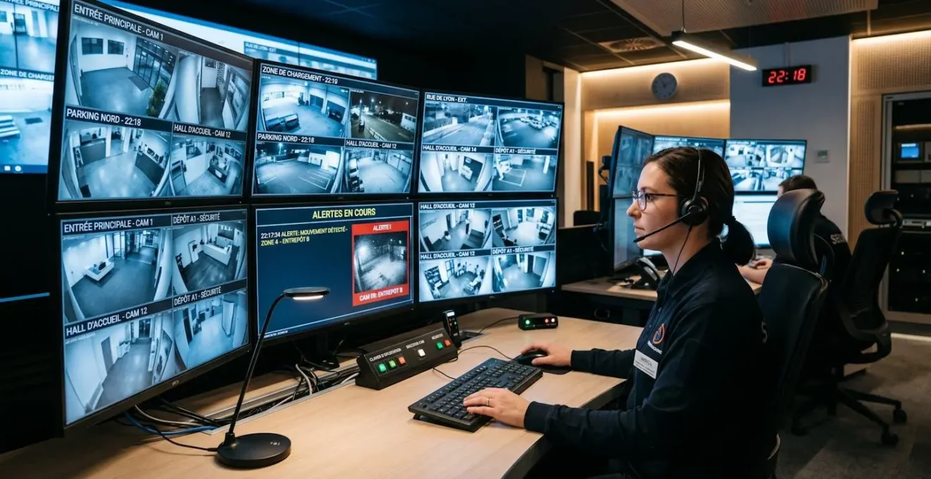 Opérateur de télésurveillance dans une station de contrôle moderne surveillant plusieurs écrans affichant des flux vidéo d'entreprises