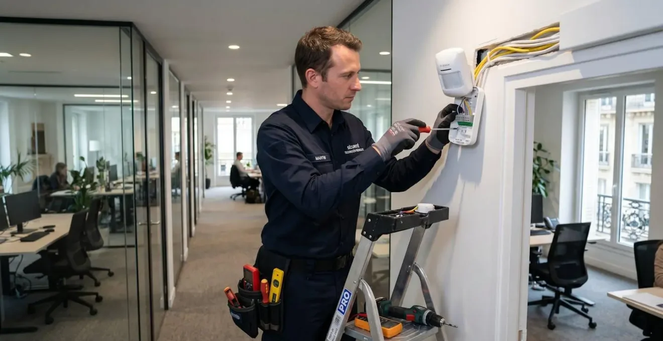 Technicien certifié en uniforme professionnel installant un détecteur de mouvement sur le mur d'un bureau moderne