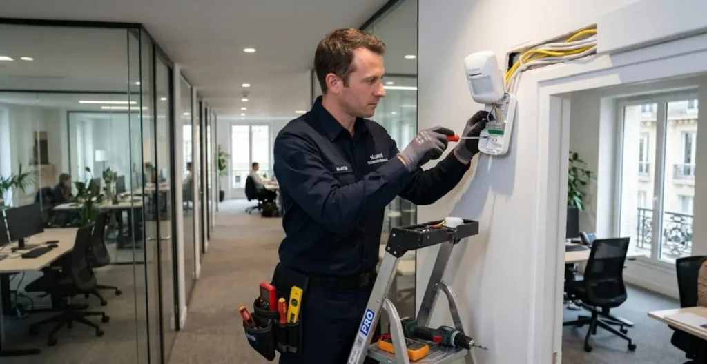 Technicien certifié en uniforme professionnel installant un détecteur de mouvement sur le mur d'un bureau moderne Technicien certifié en uniforme professionnel installant un détecteur de mouvement sur le mur d'un bureau moderne